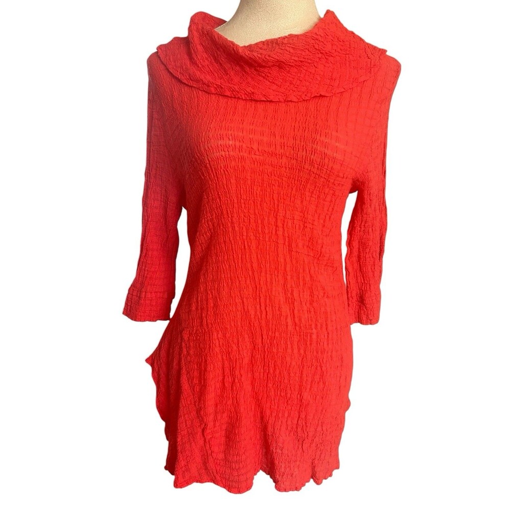 Soft Surroundings Red Crinkle Gauze Tunic Top Cowl Neck Soft Textured PXL USA